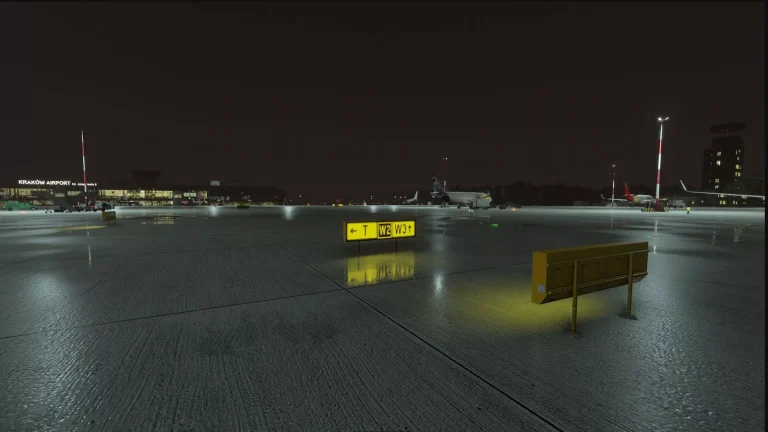 EPKK Krakow airport apron at night with wet surface and lighting in Microsoft Flight Simulator 2024