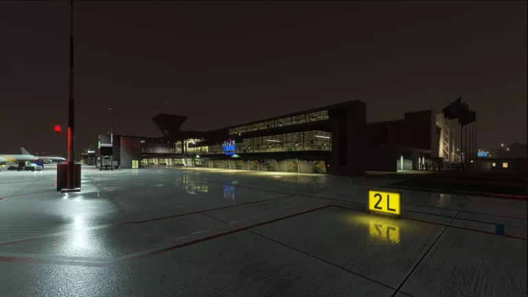 EPKK Krakow airport aircraft stand and terminal lights at night in Microsoft Flight Simulator 2024