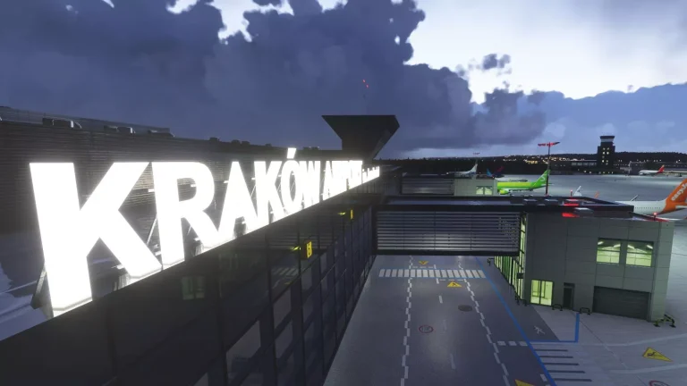 Illuminated Kraków Airport letters on the terminal roof at night in Microsoft Flight Simulator 2024