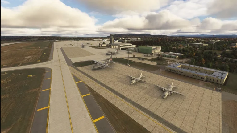 Parked aircraft on EPKK Krakow airport military apron seen from above in Microsoft Flight Simulator 2024