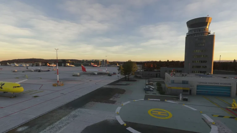 EPKK Krakow airport new control tower and apron with aircraft at sunset in Microsoft Flight Simulator 2024