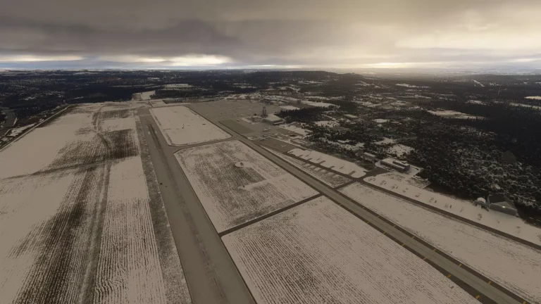 EPKK Krakow airport runway and surroundings seen from above in Microsoft Flight Simulator 2024