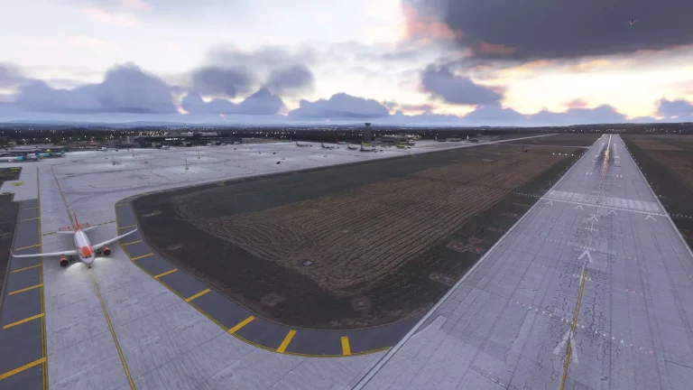 Aircraft on taxiway next to EPKK Krakow airport runway in Microsoft Flight Simulator 2024