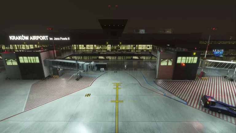 EPKK Krakow airport terminal seen from the apron at dusk in Microsoft Flight Simulator 2024