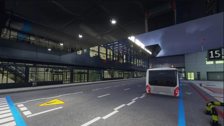 Passenger bus at EPKK Krakow airport terminal at night in Microsoft Flight Simulator 2024