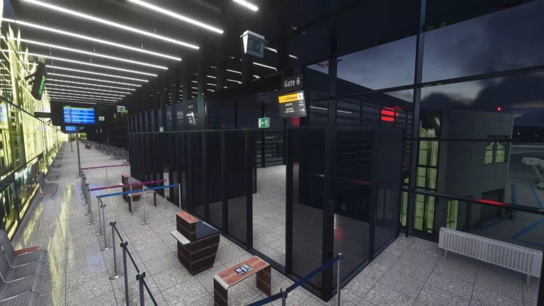 EPKK Krakow airport terminal interior with departure hall seating in Microsoft Flight Simulator 2024