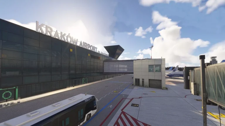 EPKK Krakow airport terminal facade and jet bridge on a sunny day in Microsoft Flight Simulator 2024