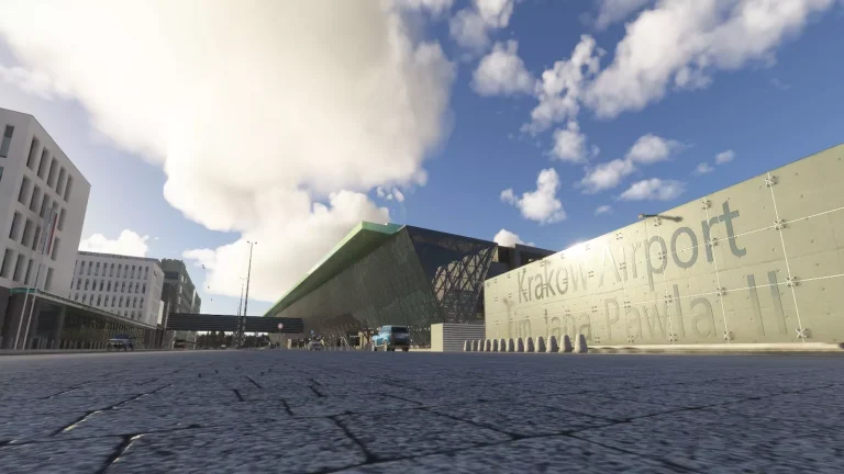 EPKK Krakow airport terminal building landside view in Microsoft Flight Simulator 2024