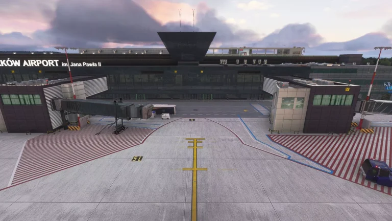 EPKK Krakow airport terminal with Kraków Airport sign at sunset in Microsoft Flight Simulator 2024