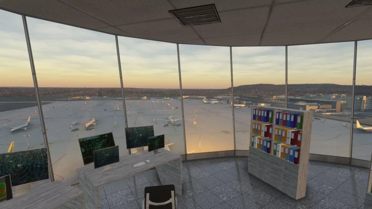 Interior of the EPKK Krakow airport control tower cab in Microsoft Flight Simulator 2024