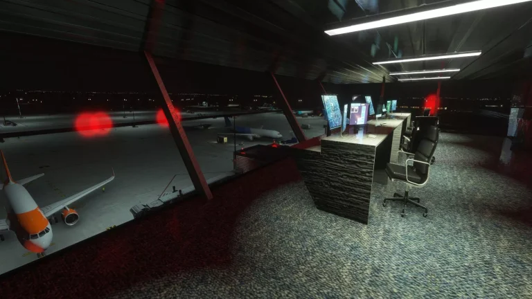 Interior of the EPKK Krakow airport control tower cab at night in Microsoft Flight Simulator 2024