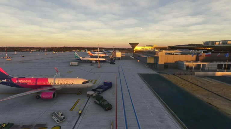 Wizz Air aircraft parked at EPKK Krakow airport terminal at sunset in Microsoft Flight Simulator 2024