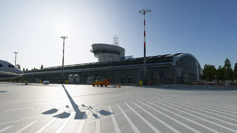 EPLL Lodz Lublinek airport terminal and control tower seen from the apron in X-Plane