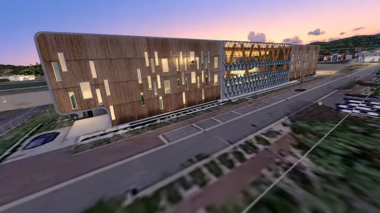 Modern hangar with wooden facade at LFMD Cannes Mandelieu airport at sunset in Prepar3D
